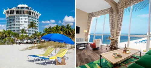 Chairs on the beach in front of Bellwether Beach Resort (left) and sitting area with floor-to-ceiling windows (right)